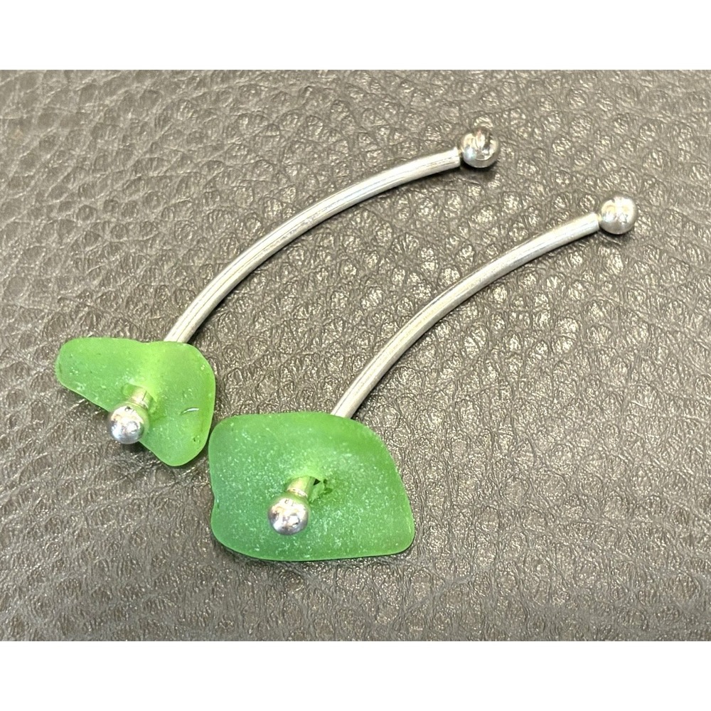 2.5" Barbell Long Drop 925 Sterling Silver Green Sea Glass Vintage Earrings